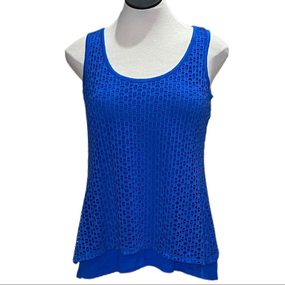 NWT Style & Co Sleeveless NEW Top Blue Eyelet Overlay Hi Low Split Back Size XS